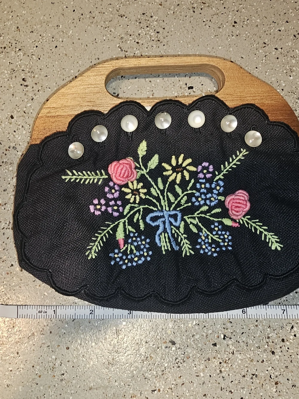 Black Floral Embroidered Kids Handbag with Wooden Handles